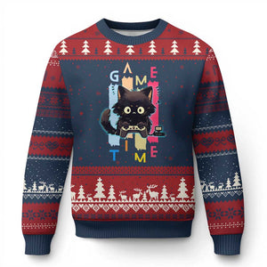 Game Time Ugly Christmas Sweater Cute Black Cat Gamer Lover Gift TS12 Navy Red Print Your Wear