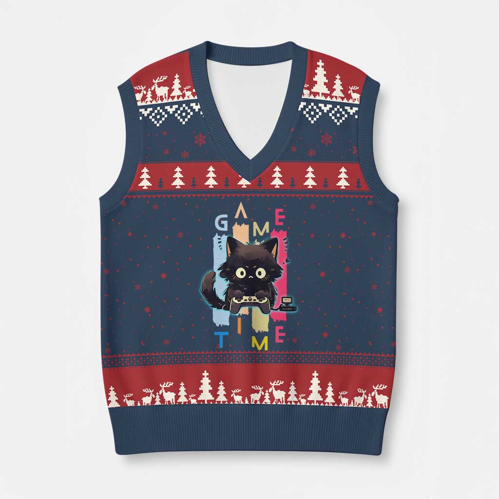 Game Time V-Neck Knit Sweater Vest Cute Black Cat Gamer Lover Gift TS12 Navy Red Print Your Wear