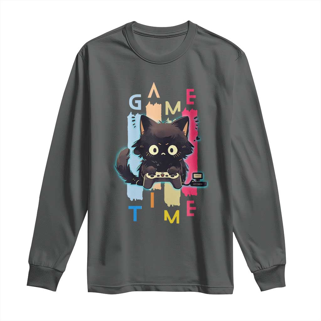 Game Time Long Sleeve Shirt Cute Black Cat Gamer Lover Gift TS12 Dark Heather Print Your Wear