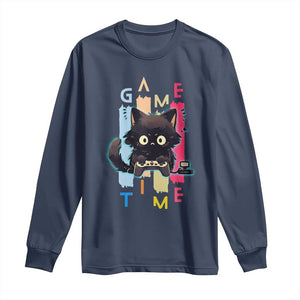 Game Time Long Sleeve Shirt Cute Black Cat Gamer Lover Gift TS12 Navy Print Your Wear