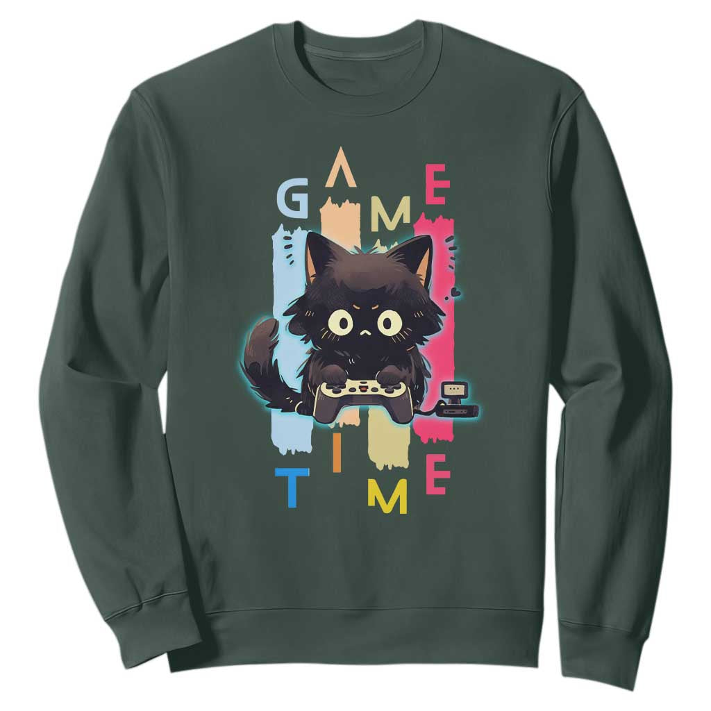 Game Time Sweatshirt Cute Black Cat Gamer Lover Gift TS12 Dark Forest Green Print Your Wear