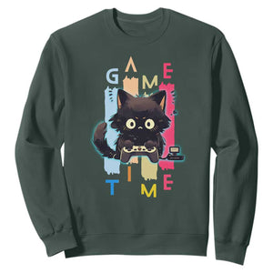 Game Time Sweatshirt Cute Black Cat Gamer Lover Gift TS12 Dark Forest Green Print Your Wear