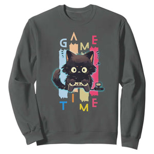 Game Time Sweatshirt Cute Black Cat Gamer Lover Gift TS12 Dark Heather Print Your Wear