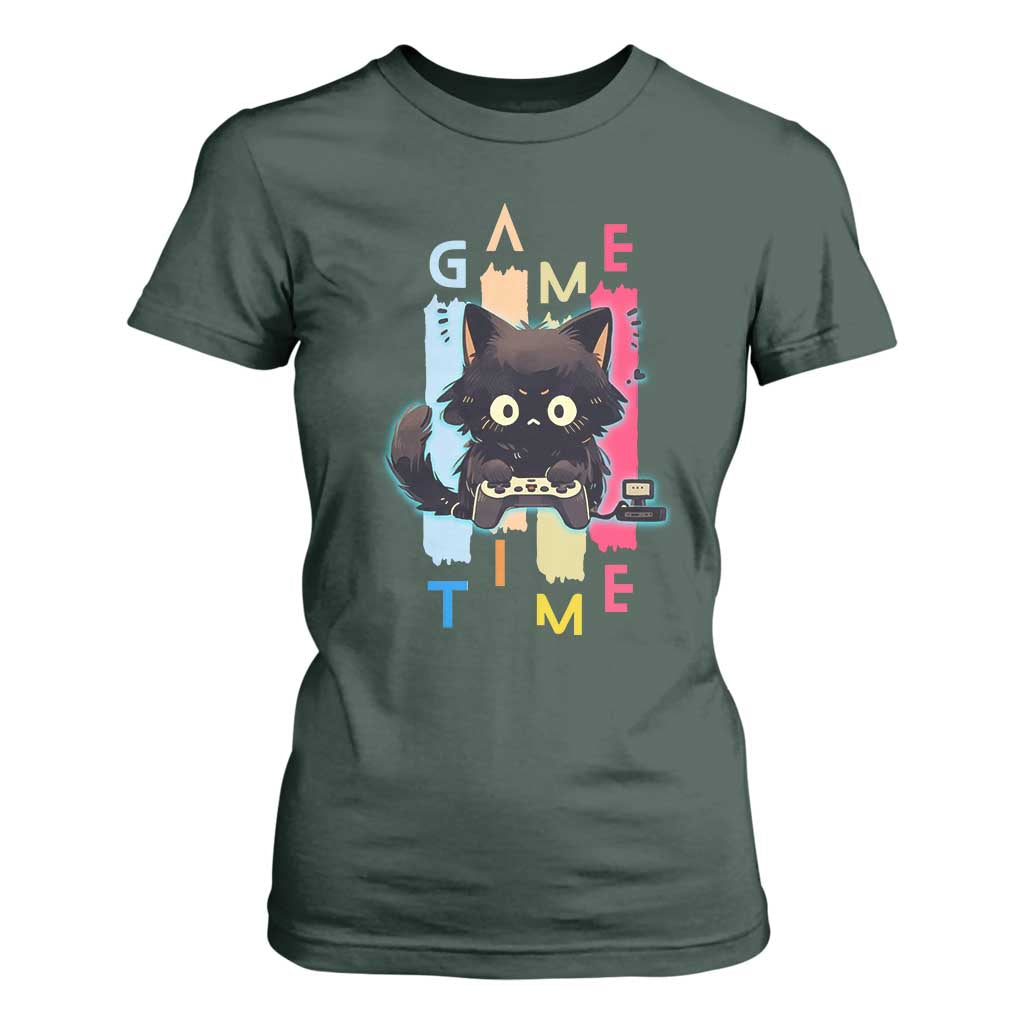 Game Time T Shirt For Women Cute Black Cat Gamer Lover Gift TS12 Dark Forest Green Print Your Wear