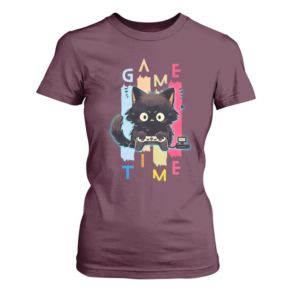 Game Time T Shirt For Women Cute Black Cat Gamer Lover Gift TS12 Maroon Print Your Wear