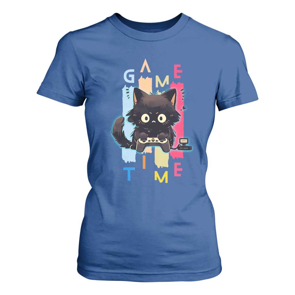 Game Time T Shirt For Women Cute Black Cat Gamer Lover Gift TS12 Royal Blue Print Your Wear