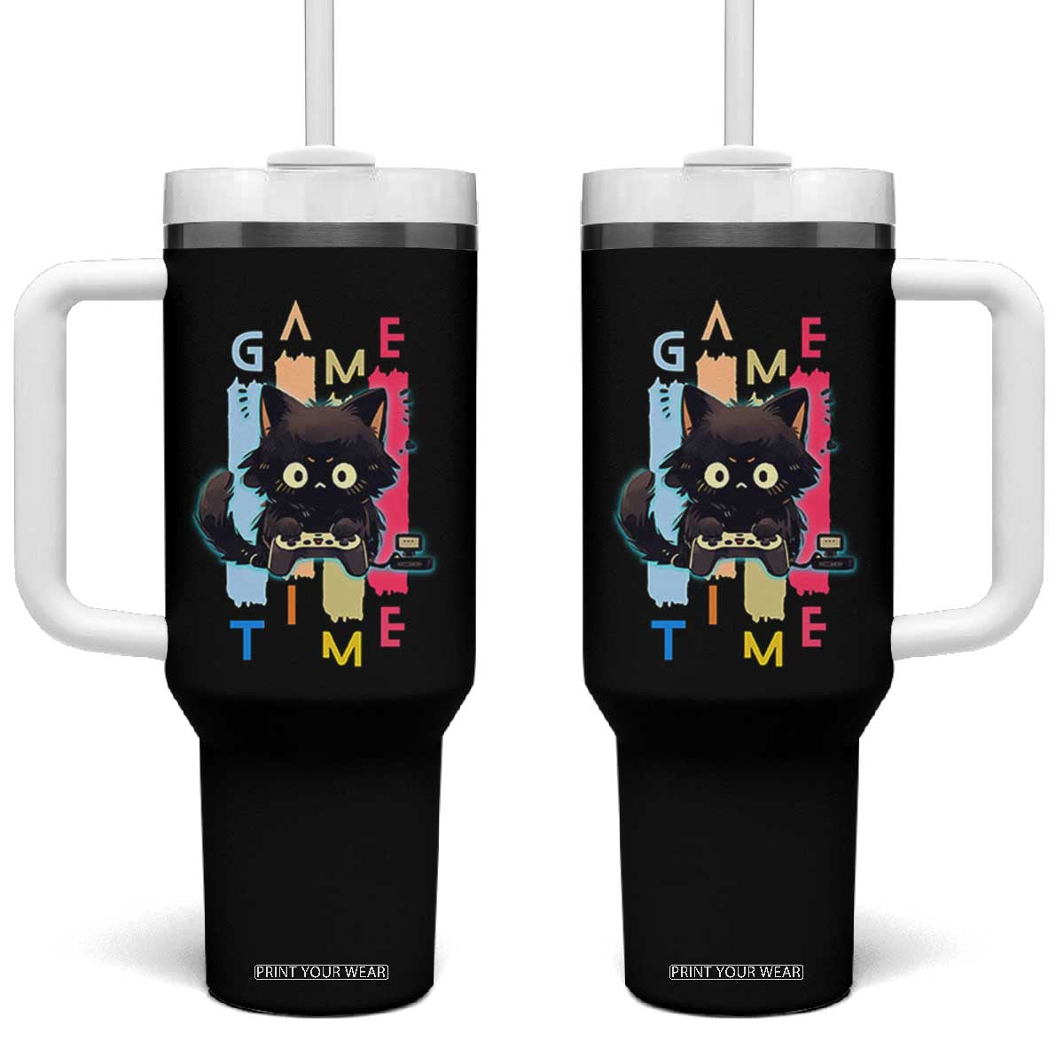Game Time Tumbler With Handle Cute Black Cat Gamer Lover Gift TS12 One Size: 40 oz Black Print Your Wear