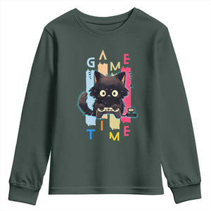 Game Time Youth Sweatshirt Cute Black Cat Gamer Lover Gift TS12 Dark Forest Green Print Your Wear