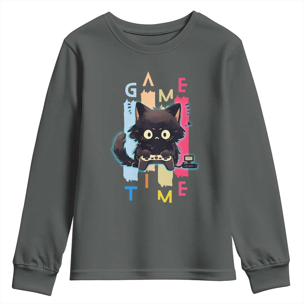 Game Time Youth Sweatshirt Cute Black Cat Gamer Lover Gift TS12 Dark Heather Print Your Wear