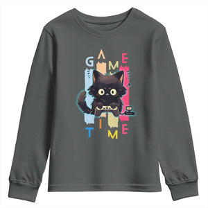 Game Time Youth Sweatshirt Cute Black Cat Gamer Lover Gift TS12 Dark Heather Print Your Wear