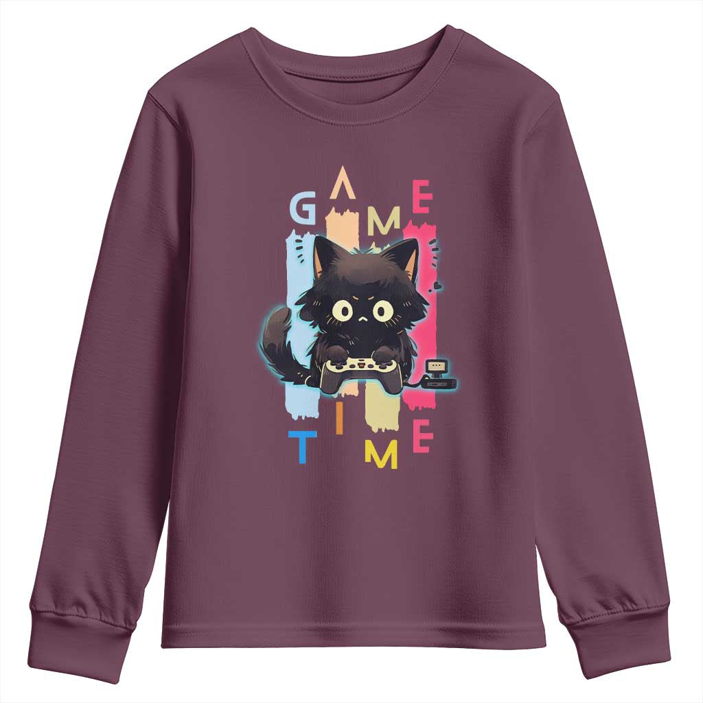 Game Time Youth Sweatshirt Cute Black Cat Gamer Lover Gift TS12 Maroon Print Your Wear