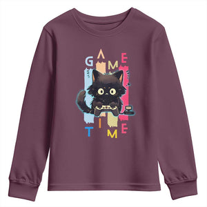 Game Time Youth Sweatshirt Cute Black Cat Gamer Lover Gift TS12 Maroon Print Your Wear