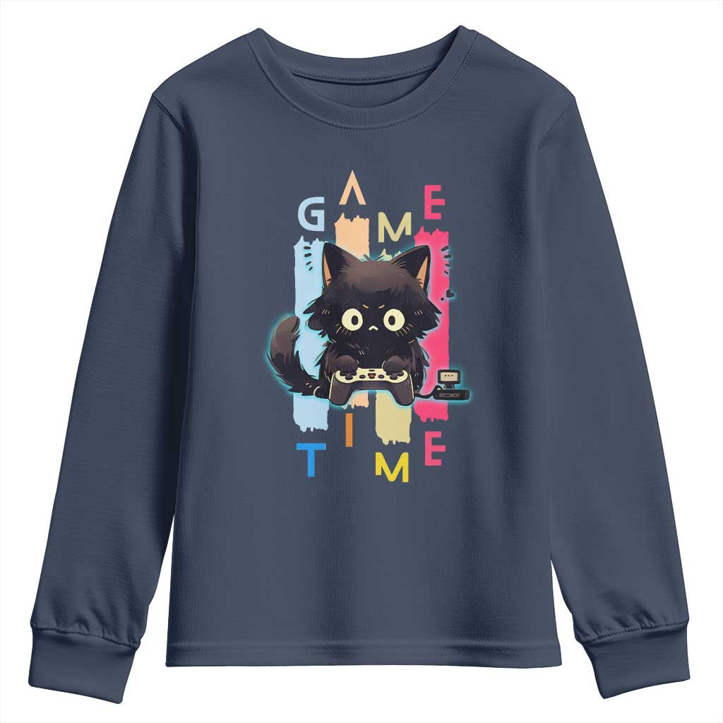 Game Time Youth Sweatshirt Cute Black Cat Gamer Lover Gift TS12 Navy Print Your Wear