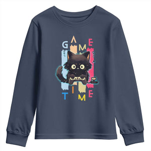 Game Time Youth Sweatshirt Cute Black Cat Gamer Lover Gift TS12 Navy Print Your Wear
