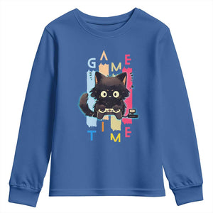 Game Time Youth Sweatshirt Cute Black Cat Gamer Lover Gift TS12 Royal Blue Print Your Wear