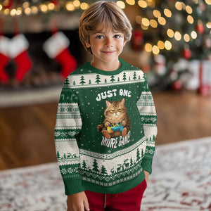 Just One More Game Ugly Christmas Sweater Funny Lazy Cat Playing Video Game TS12 Forest Green Beige Print Your Wear