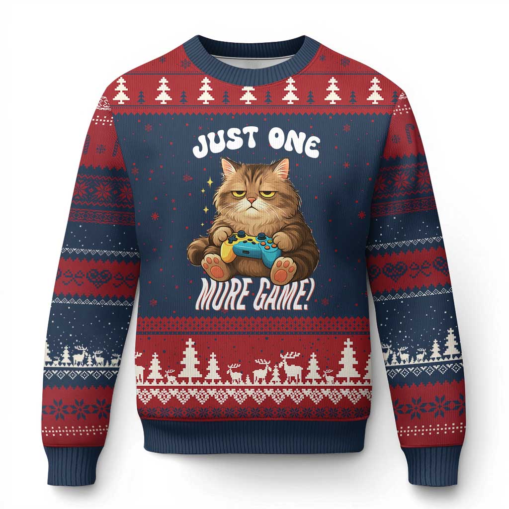 Just One More Game Ugly Christmas Sweater Funny Lazy Cat Playing Video Game TS12 Navy Red Print Your Wear