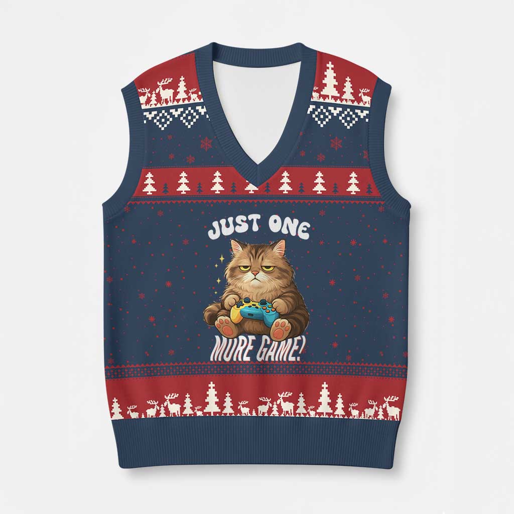 Just One More Game V-Neck Knit Sweater Vest Funny Lazy Cat Playing Video Game TS12 Navy Red Print Your Wear