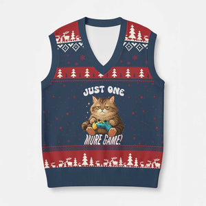 Just One More Game V-Neck Knit Sweater Vest Funny Lazy Cat Playing Video Game TS12 Navy Red Print Your Wear