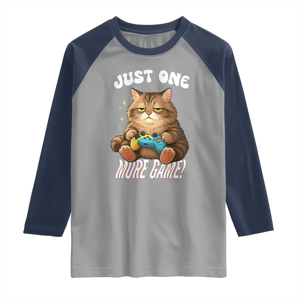 Just One More Game Raglan Shirt Funny Lazy Cat Playing Video Game TS12 Sport Gray Navy Print Your Wear