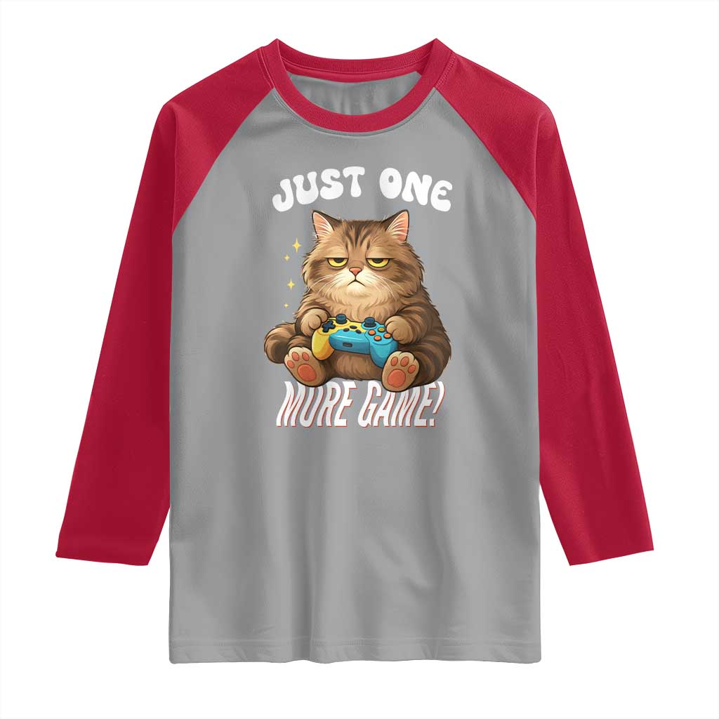 Just One More Game Raglan Shirt Funny Lazy Cat Playing Video Game TS12 Sport Gray Red Print Your Wear