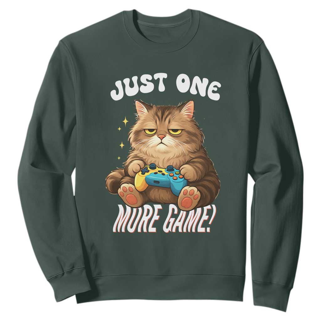 Just One More Game Sweatshirt Funny Lazy Cat Playing Video Game TS12 Dark Forest Green Print Your Wear