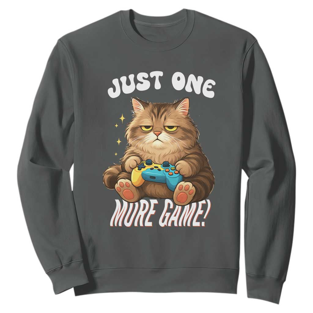 Just One More Game Sweatshirt Funny Lazy Cat Playing Video Game TS12 Dark Heather Print Your Wear