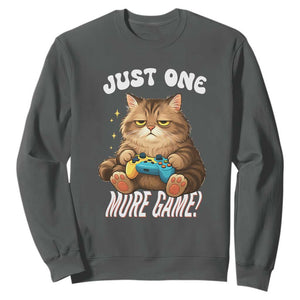 Just One More Game Sweatshirt Funny Lazy Cat Playing Video Game TS12 Dark Heather Print Your Wear