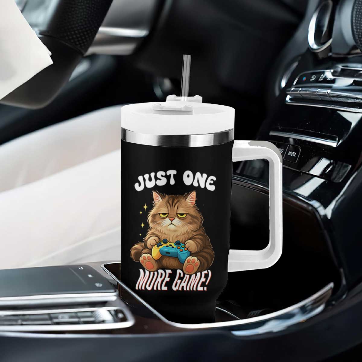 Just One More Game Tumbler With Handle Funny Lazy Cat Playing Video Game TS12 Print Your Wear