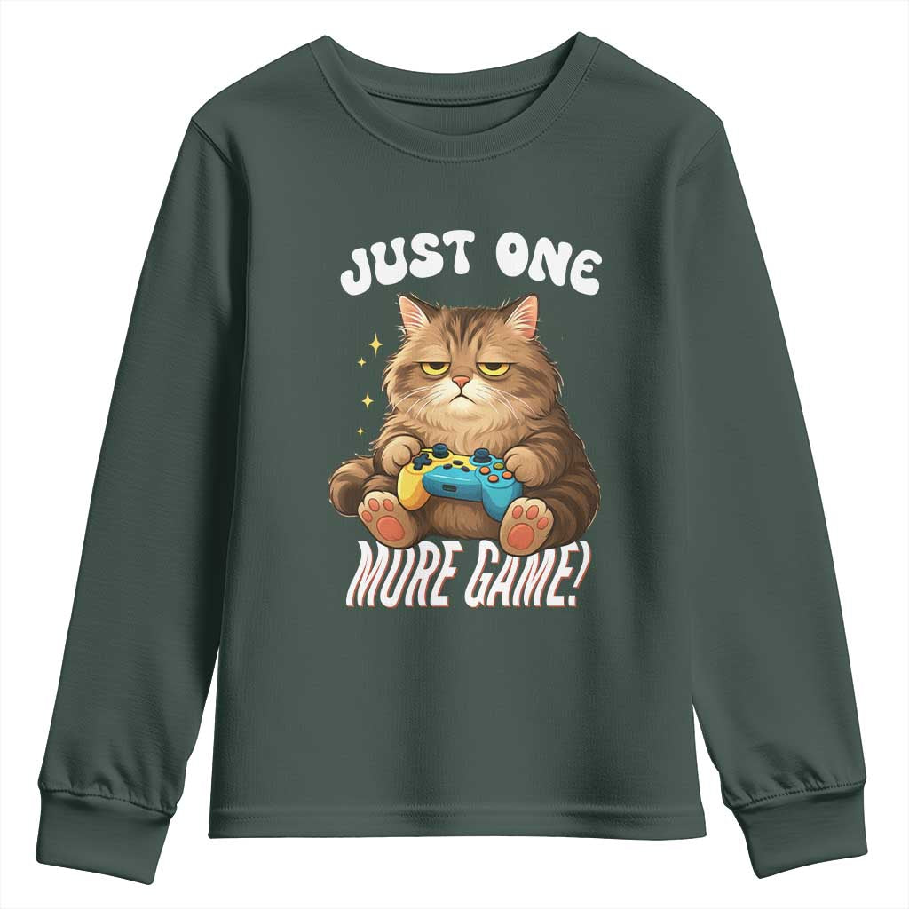 Just One More Game Youth Sweatshirt Funny Lazy Cat Playing Video Game TS12 Dark Forest Green Print Your Wear