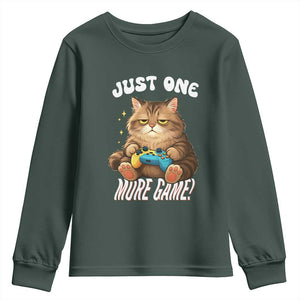 Just One More Game Youth Sweatshirt Funny Lazy Cat Playing Video Game TS12 Dark Forest Green Print Your Wear