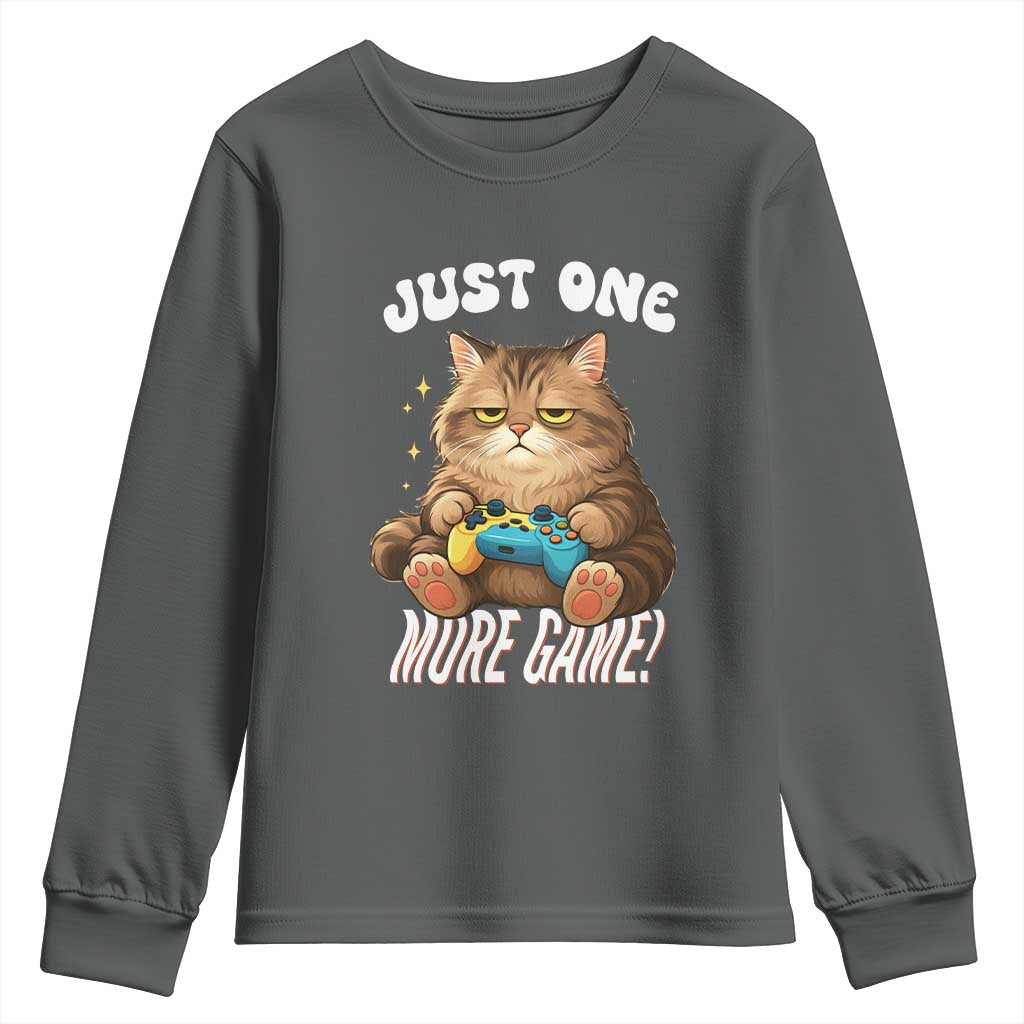 Just One More Game Youth Sweatshirt Funny Lazy Cat Playing Video Game TS12 Dark Heather Print Your Wear