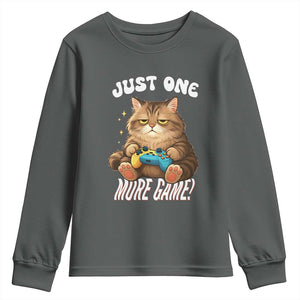 Just One More Game Youth Sweatshirt Funny Lazy Cat Playing Video Game TS12 Dark Heather Print Your Wear