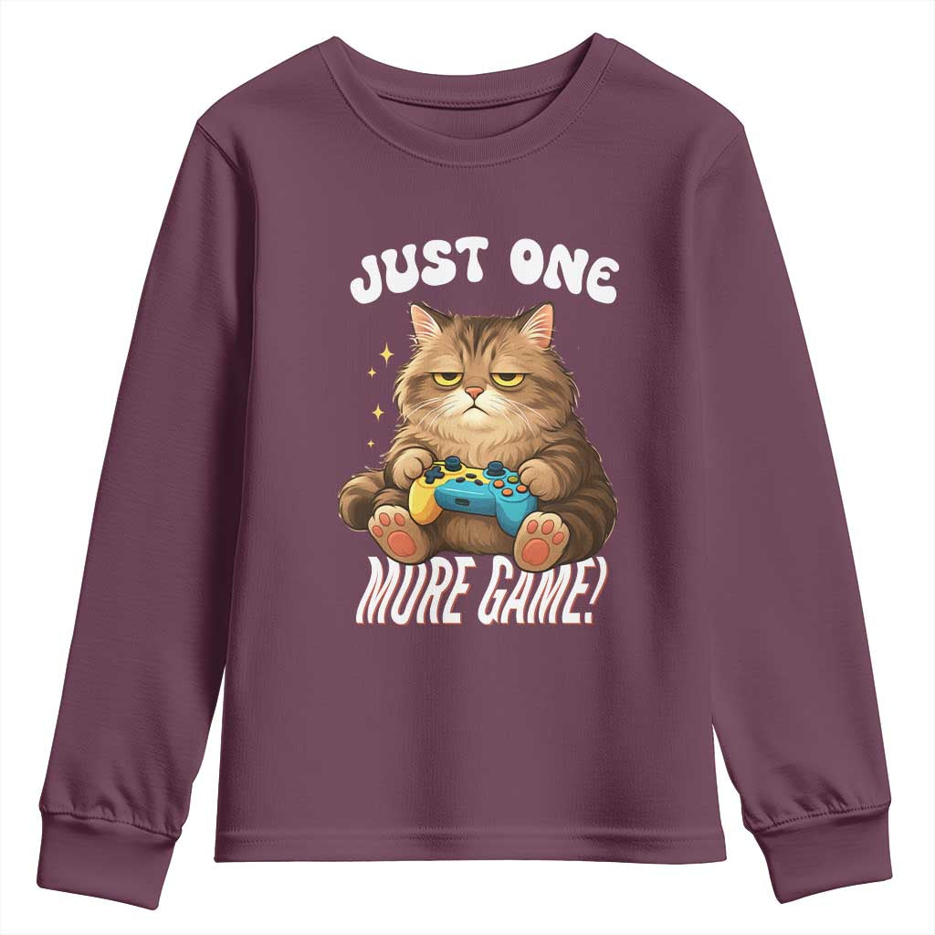Just One More Game Youth Sweatshirt Funny Lazy Cat Playing Video Game TS12 Maroon Print Your Wear