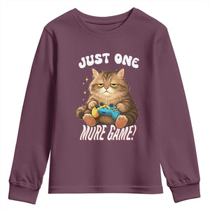 Just One More Game Youth Sweatshirt Funny Lazy Cat Playing Video Game TS12 Maroon Print Your Wear