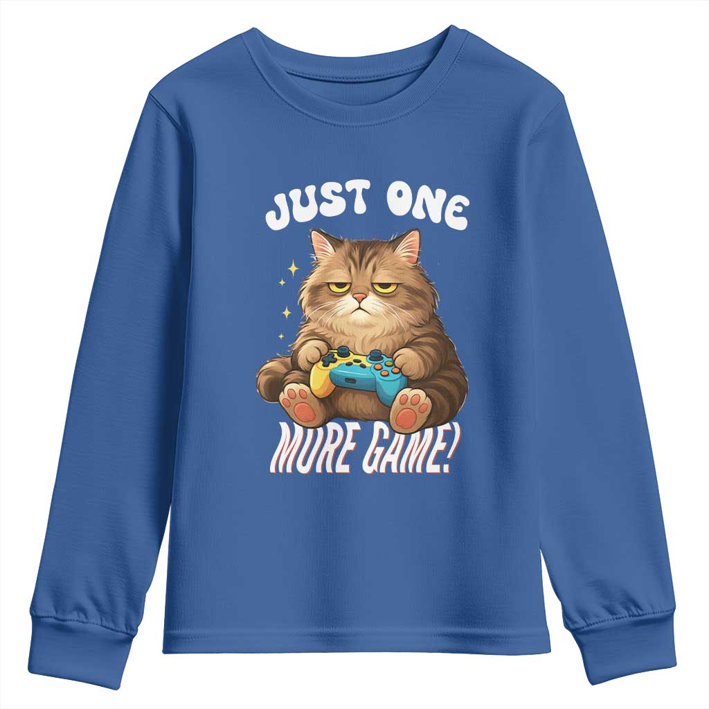 Just One More Game Youth Sweatshirt Funny Lazy Cat Playing Video Game TS12 Royal Blue Print Your Wear