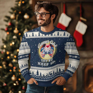 Im A Gamer Girl Try To Keep Up Ugly Christmas Sweater Funny Gaming Gift TS12 Navy Beige Print Your Wear
