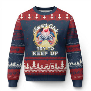 Im A Gamer Girl Try To Keep Up Ugly Christmas Sweater Funny Gaming Gift TS12 Navy Red Print Your Wear
