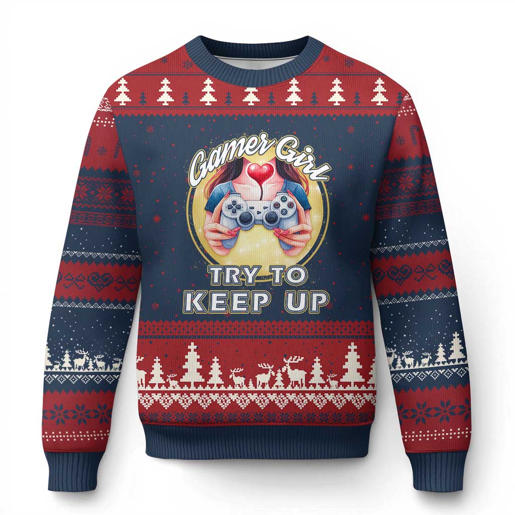 Im A Gamer Girl Try To Keep Up Ugly Christmas Sweater Funny Gaming Gift TS12 Navy Red Print Your Wear