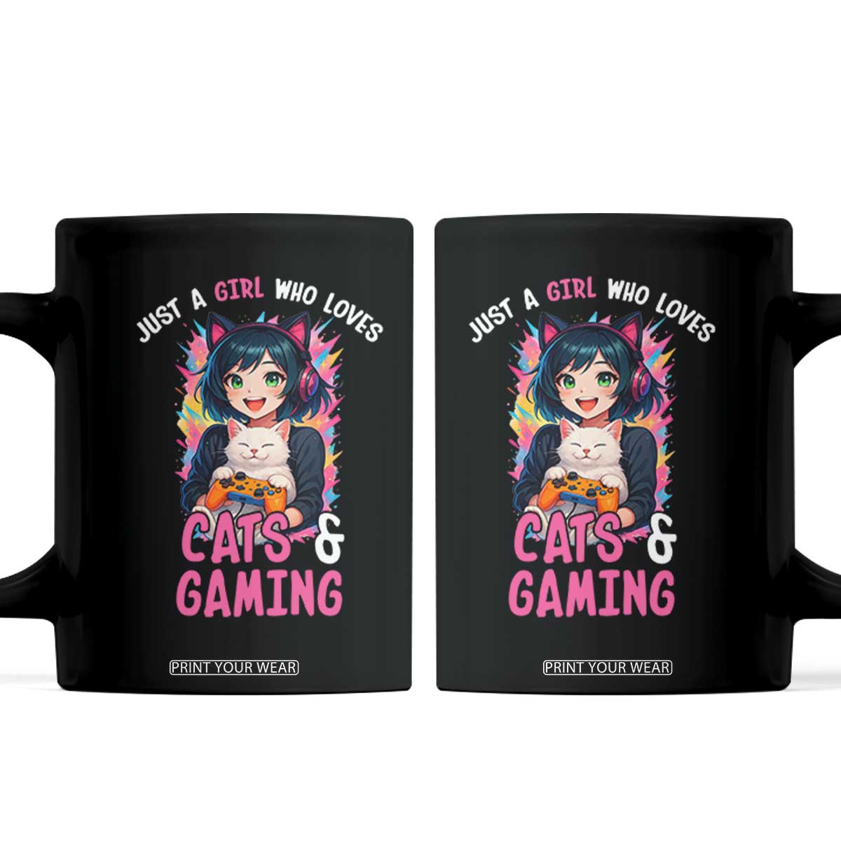 Just A Girl Who Loves Cats And Gaming Coffee Mug Cute Gamer Gift TS12 Black Print Your Wear