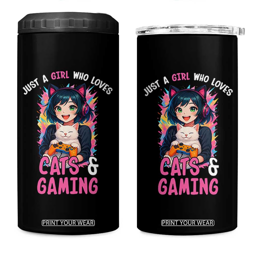 Just A Girl Who Loves Cats And Gaming 4 in 1 Can Cooler Tumbler Cute Gamer Gift TS12 One Size: 16 oz Black Print Your Wear