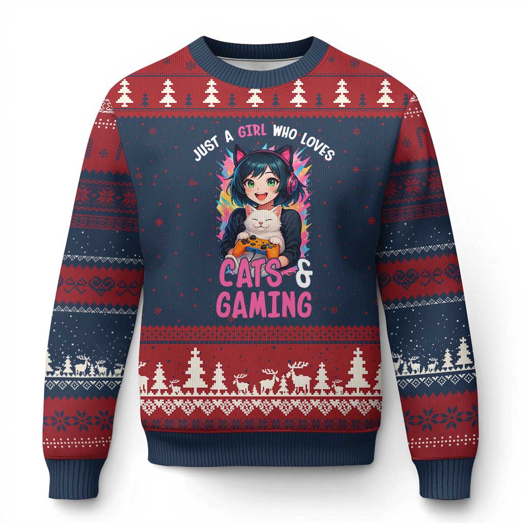 Just A Girl Who Loves Cats And Gaming Ugly Christmas Sweater Cute Gamer Gift TS12 Navy Red Print Your Wear