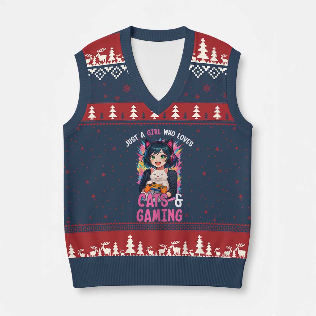 Just A Girl Who Loves Cats And Gaming V-Neck Knit Sweater Vest Cute Gamer Gift TS12 Navy Red Print Your Wear