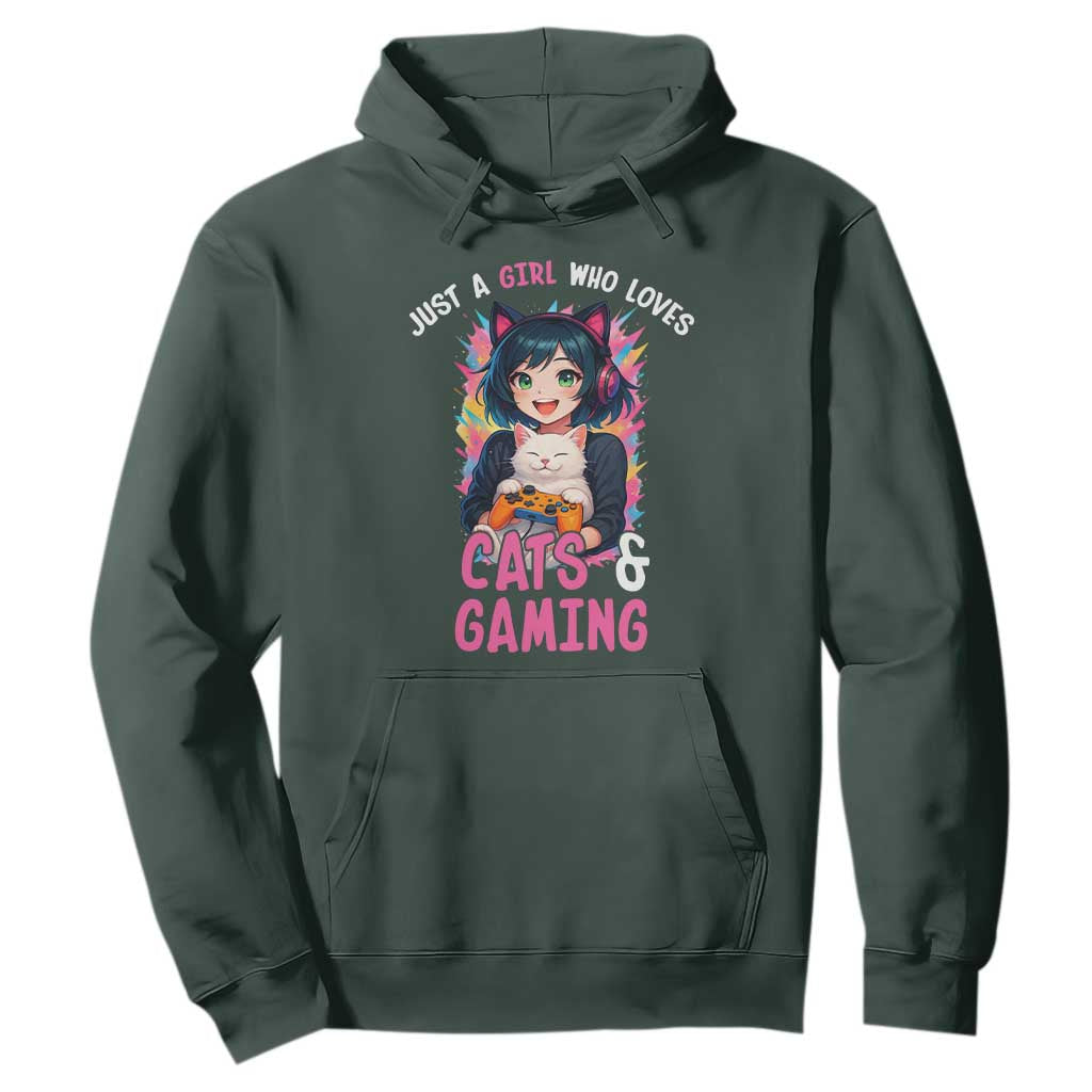 Just A Girl Who Loves Cats And Gaming Hoodie Cute Gamer Gift TS12 Dark Forest Green Print Your Wear
