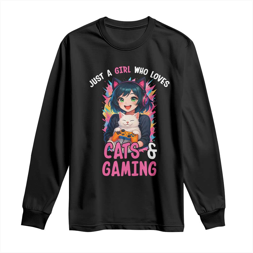 Just A Girl Who Loves Cats And Gaming Long Sleeve Shirt Cute Gamer Gift TS12 Black Print Your Wear
