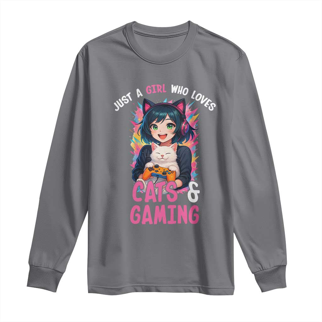Just A Girl Who Loves Cats And Gaming Long Sleeve Shirt Cute Gamer Gift TS12 Charcoal Print Your Wear