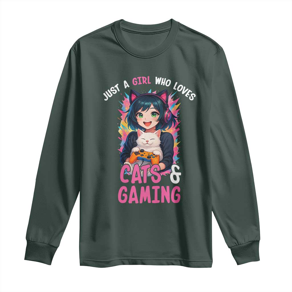 Just A Girl Who Loves Cats And Gaming Long Sleeve Shirt Cute Gamer Gift TS12 Dark Forest Green Print Your Wear