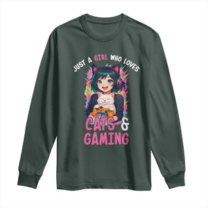 Just A Girl Who Loves Cats And Gaming Long Sleeve Shirt Cute Gamer Gift TS12 Dark Forest Green Print Your Wear