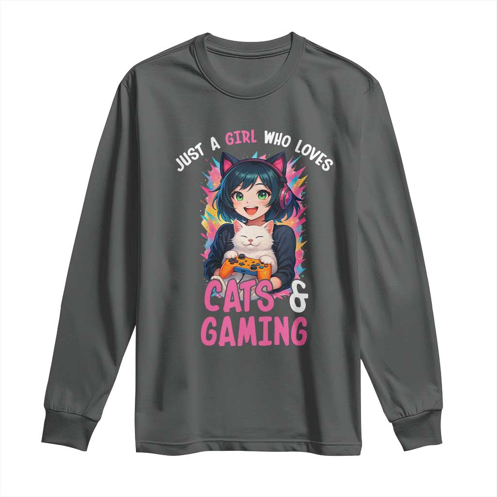 Just A Girl Who Loves Cats And Gaming Long Sleeve Shirt Cute Gamer Gift TS12 Dark Heather Print Your Wear