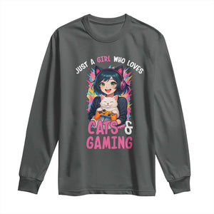Just A Girl Who Loves Cats And Gaming Long Sleeve Shirt Cute Gamer Gift TS12 Dark Heather Print Your Wear